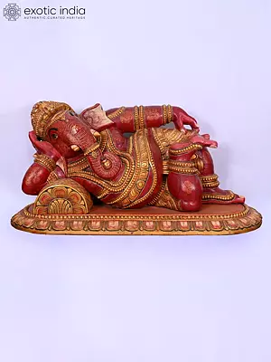 41" Resting Lord Ganesha | Wooden Statue | Handmade Indian Art