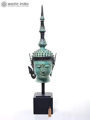 32" Large Buddha Head Statue on Wood Base