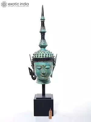 32" Large Buddha Head Statue on Wood Base