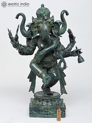 19" Three Headed Dancing Lord Ganesha Brass Statue