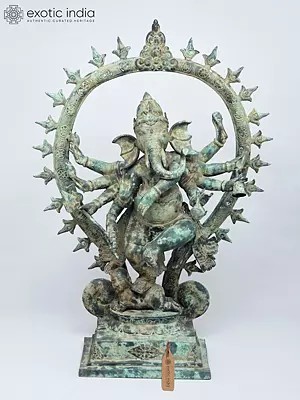 Brass Statue of Lord Ganapati as Cosmic Dancer (Nritya Ganesha) - 32" Large