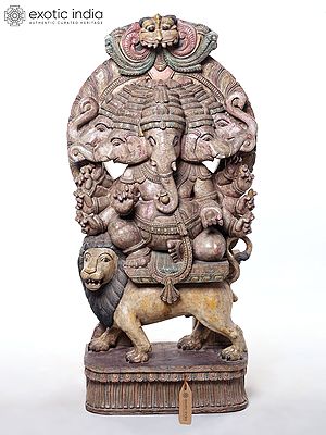 Large Heramba Ganapati Statue: Five-Faced Ganesha Seated on Lion Mount