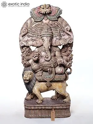 Large Heramba Ganapati Statue: Five-Faced Ganesha Seated on Lion Mount