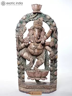 Dancing Ganesha Wood Carving with Decorative Arch