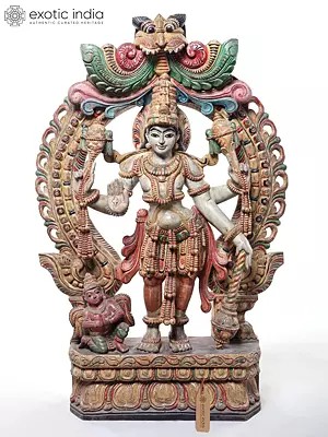 36" Lord Vishnu Standing Sculpture with Conch and Discus - Hand-Carved Wood