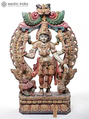 36" Lord Vishnu Standing Sculpture with Conch and Discus - Hand-Carved Wood