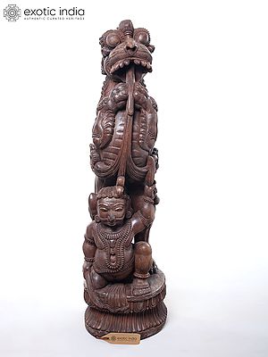 Handcarved Wooden Sculpture: Temple Guardian Yali and Attendant