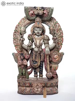 24" Standing Vishnu With Prabhavali In Wood