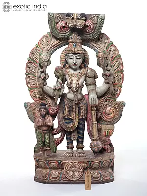 24" Standing Vishnu With Prabhavali In Wood