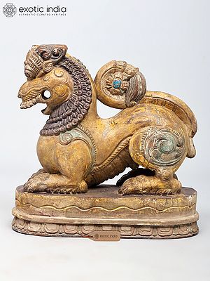 Guardian Lion (Yali) Wood Sculpture, 14 Inch Hand-Carved