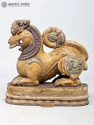 Guardian Lion (Yali) Wood Sculpture, 14 Inch Hand-Carved