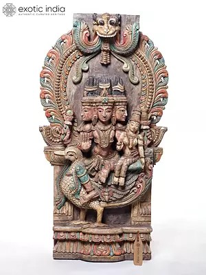 36" Lord Murugan (Kartikeya) with Consort on Peacock – Intricately Carved Wooden Statue