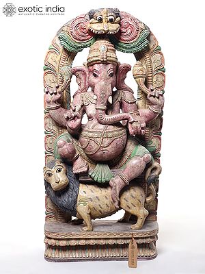 Large Wood Sculpture of Ganesha Seated on Lion with Decorative Arch