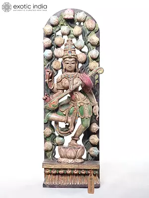 Wood Carved Statue: 36" Large Dancing Saraswati with Veena