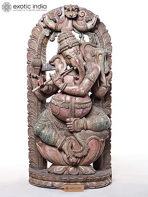 36" Ganesha Playing Flute Wood Statue