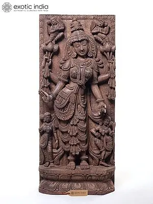 34" Standing Goddess Lakshmi with Celestial Attendants Wooden Statue