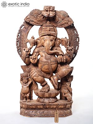 Large Hand-Carved Dancing Ganesha Wood Sculpture