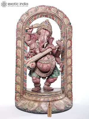 Ganesha Statue with Veena In Wood