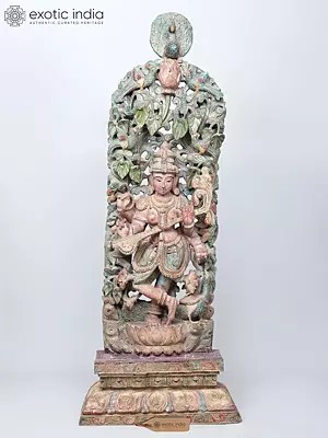 51" Goddess Saraswati Playing Veena Wooden Statue with Swan (Vahana)