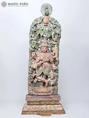 51" Goddess Saraswati Playing Veena Wooden Statue with Swan (Vahana)