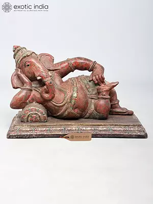 Lord Ganesha Wood Sculpture - 17 Inch Relaxing Pose