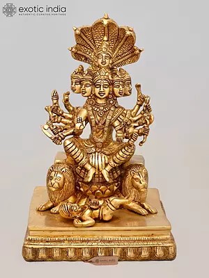 12" Multi-Faced, Multi-Armed Goddess Durga Seated on Lions - Brass Divine Sculpture