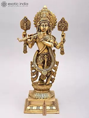 Brass Statue: 14" Four Armed Venugopal Krishna with Flute