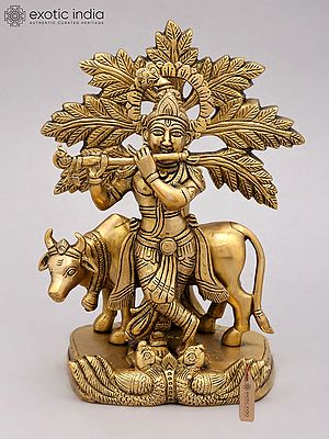 9" Cow Krishna Playing Flute Under The Tree | Brass Statue