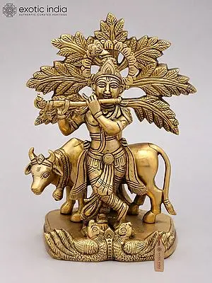 9" Cow Krishna Playing Flute Under The Tree | Brass Statue