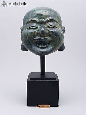 15" Laughing Buddha Head Sculpture on Wood Base