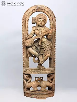 Large Wood Carving: 48" Saraswati, Goddess of Wisdom and Musical Arts