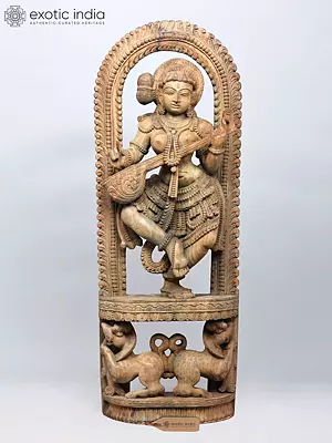 Large Wood Carving: Saraswati, Goddess of Wisdom and Musical Arts 