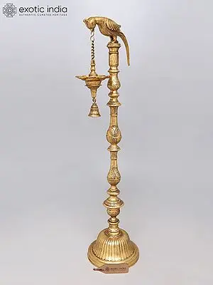 48" Brass Parrot Lamp with Hanging Bell for Home and Temple