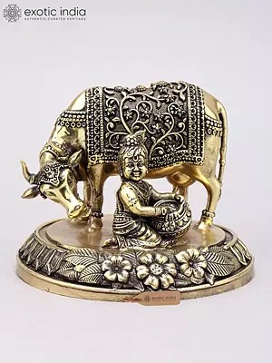 5" Small Superfine Butter Krishna with Cow | Brass Statue