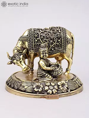 Brass Butter Krishna with Cow Statue, 5 Inch