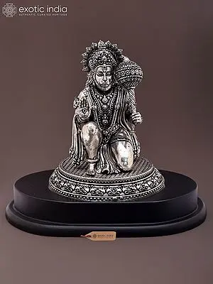 Small Silver Plated Brass Hanuman Sculpture - Seated in Blessing Pose on Wooden Stand
