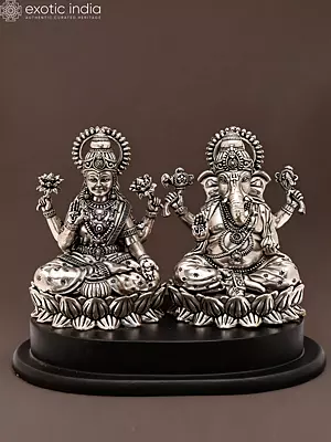 6" Blessing Lakshmi Ganesha | Silver Plated Brass Statue on Wood Base