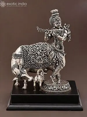 6" Fluting Krishna with Cow and Calf - Silver Plated Brass Statue on Wood Base
