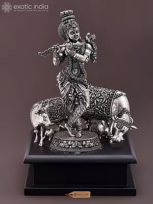 Fluting Lord Krishna with Two Cows and Calves | 7" Silver Plated Brass Statue on Wood Base