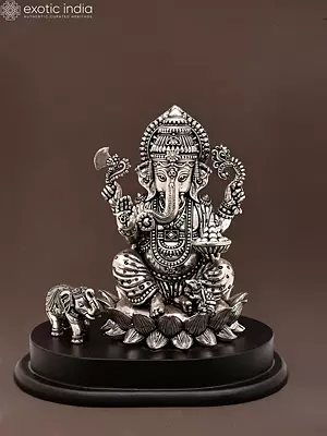6" Blessing Lord Ganesha with Elephant - Silver Plated Brass Statue on Wood Base