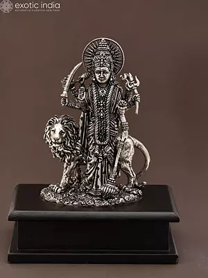 6" Standing Goddess Durga (Maa Sherawali) Silver Plated Brass Statue on Wood Base