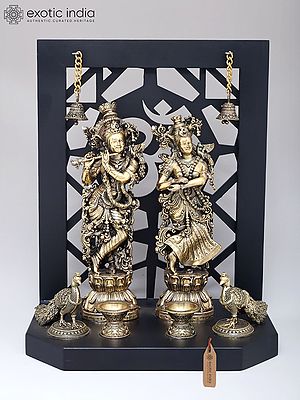 14" Wood Framed Brass Radha Krishna Statues with Peacocks