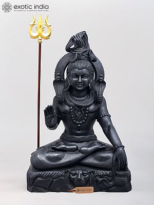 36" Large Finely Carved Blessing Lord Shiva | Black Marble Sculpture