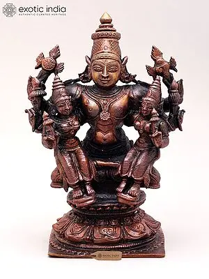 Copper Statue of Lord Vishnu with Bhudevi and Sridevi (5 Inch)