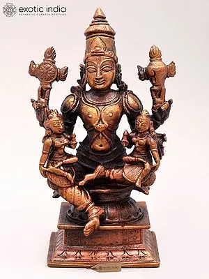 4'' Lord Vishnu Seated with Sridevi and Bhudevi - Copper Idol