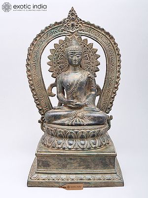 16" Lord Buddha Seated on Throne | Brass Statue