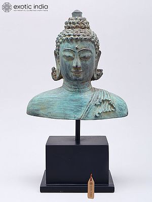 12" Brass Buddha Bust on Wood Base