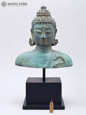 12" Brass Buddha Bust on Wood Base