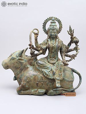 15" Goddess Durga Seated on Nandi | Brass Statue