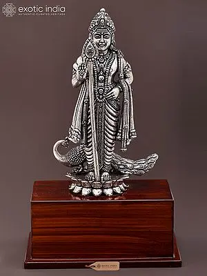 Standing Lord Murugan (Karttikeya) Statue - 8" Silver Plated Brass with Wood Base